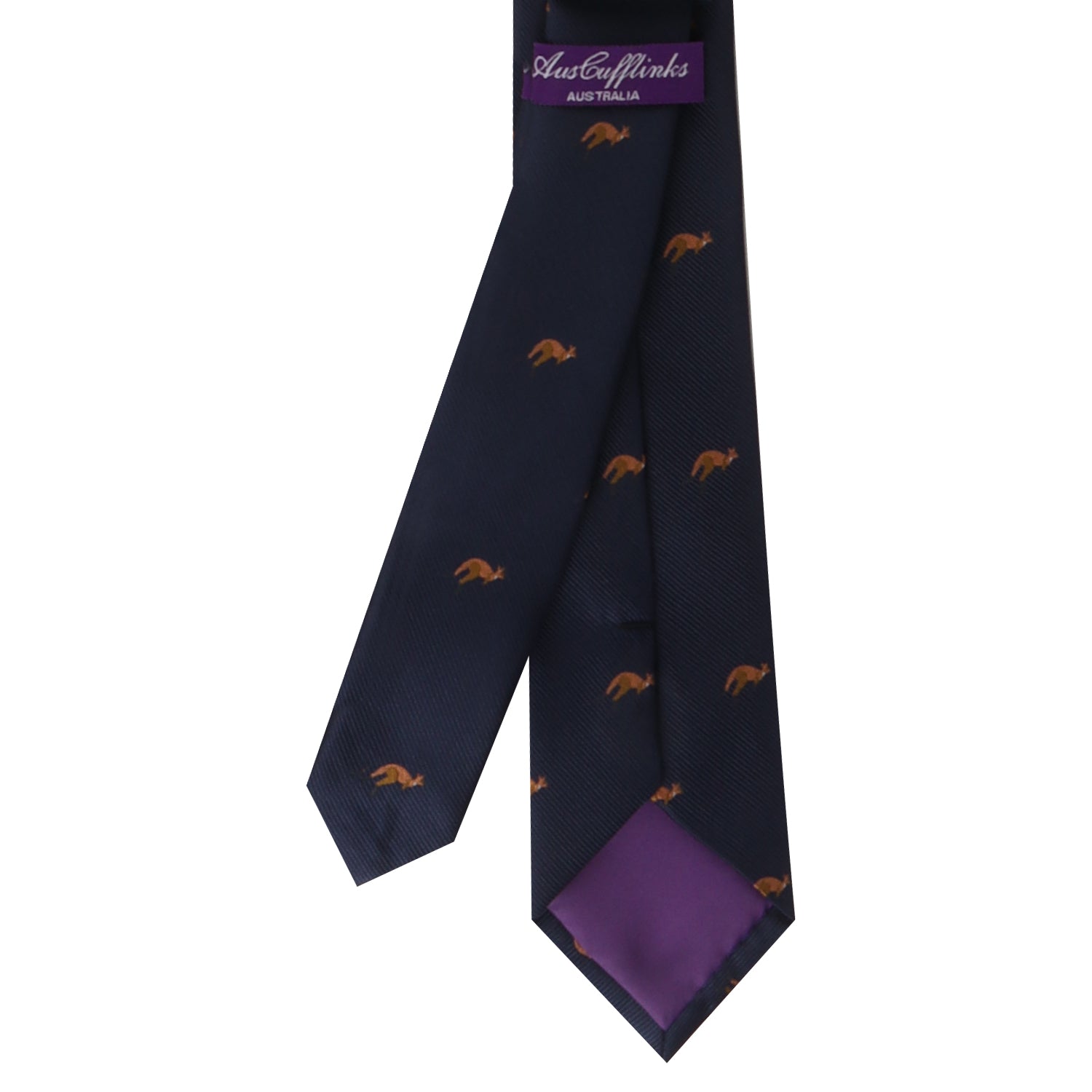 The "Kangaroo Skinny Tie" is a navy blue tie adorned with small orange kangaroo patterns. It features a purple label that reads "AusCufflinks Australia" and a purple lining at the back. Hop into elegance with this uniquely designed accessory.