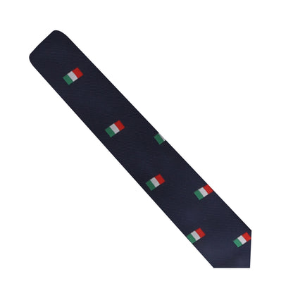 Introducing the Italian Mexican Flag Skinny Tie, featuring a sophisticated design with small Italian flag motifs elegantly repeated across a dark blue fabric, capturing a fusion of cultures.