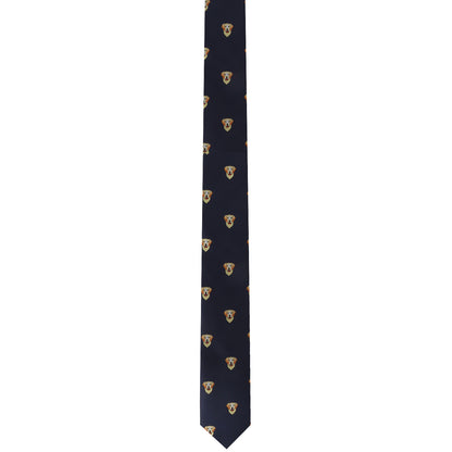 A long navy tie adorned with a repeating pattern of Labrador dog faces, artfully blending canine charm with elegance.