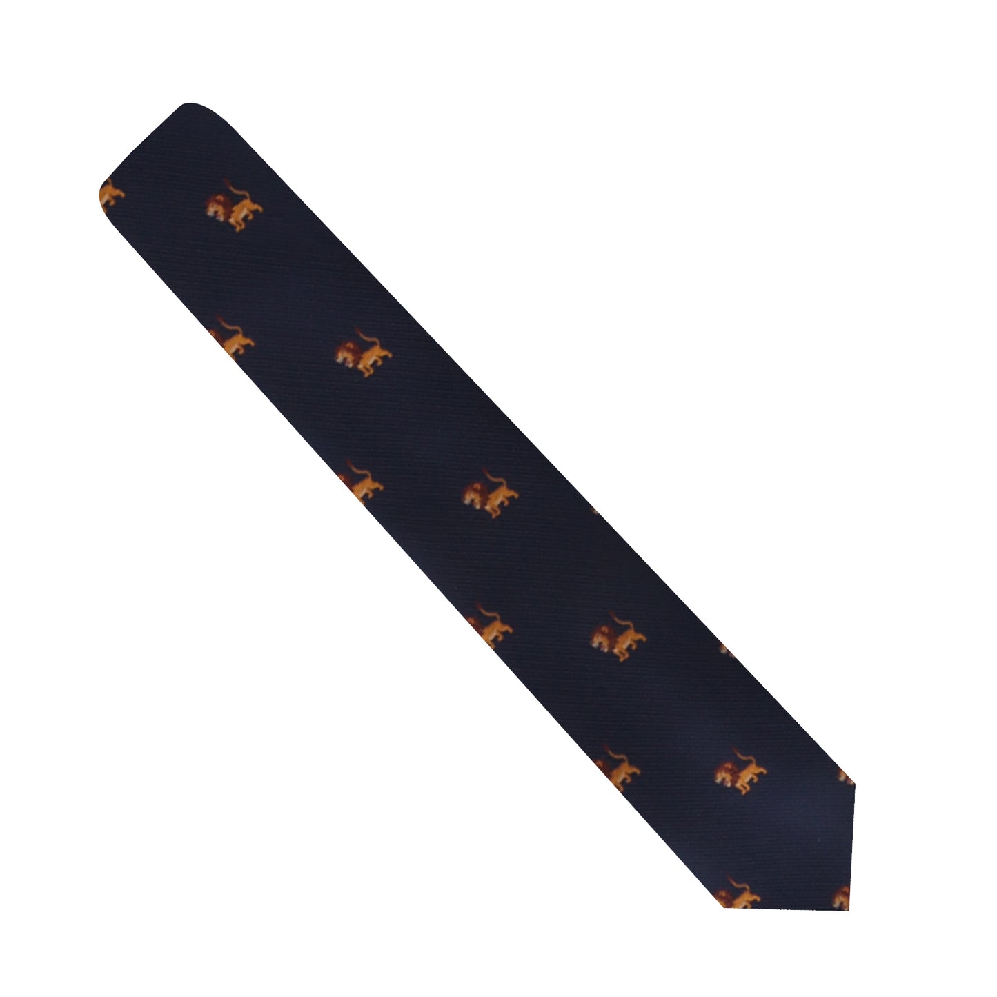 A Lion Skinny Tie featuring a pattern of brown and orange animal figures, making you the leader in style.