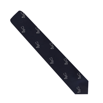 An extraordinary Stethoscope Skinny Tie with a logo on it.