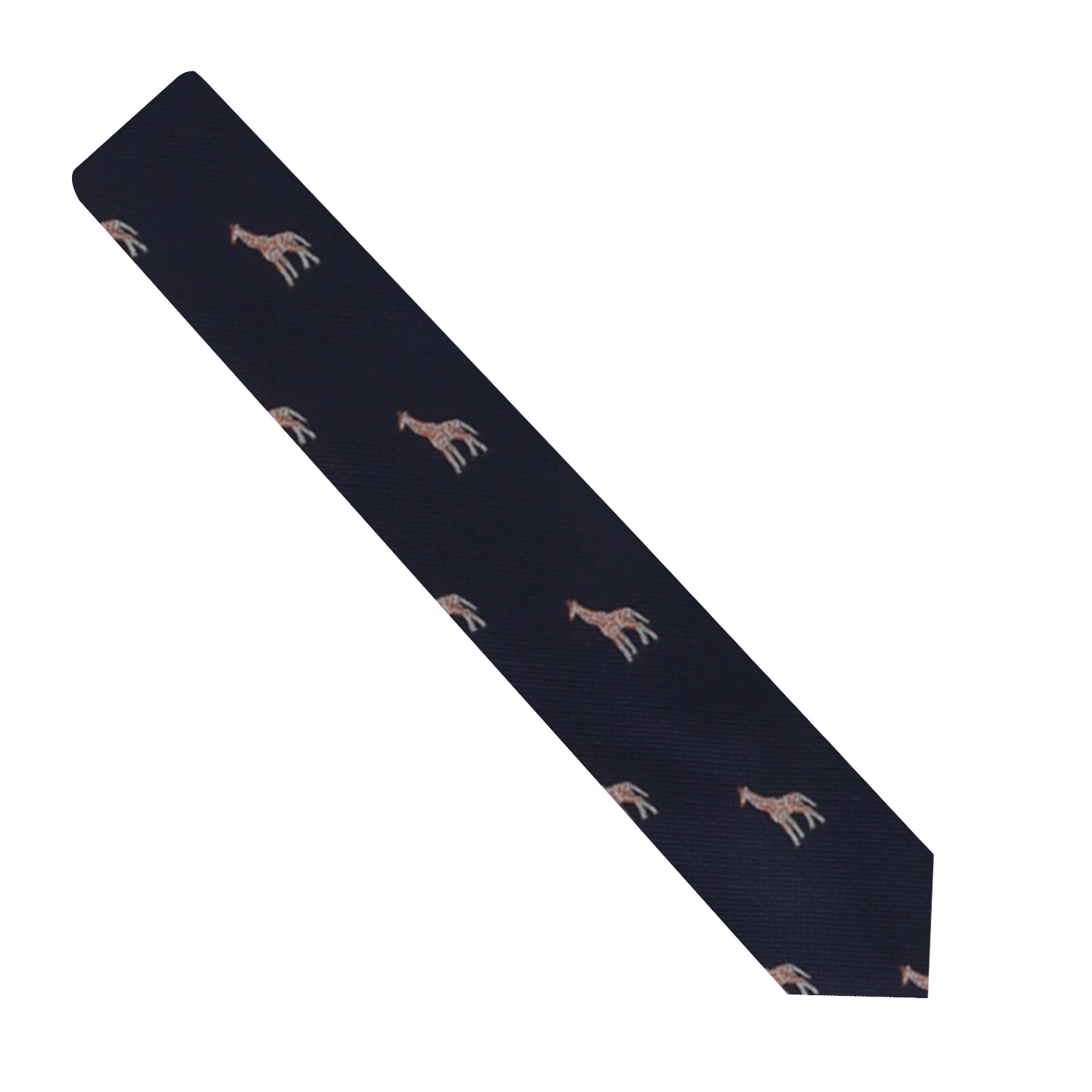 The Giraffe Skinny Tie, in a navy blue hue adorned with a pattern of small light brown giraffes, adds a touch of safari sophistication.