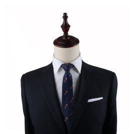 A modern suit and Chicken Skinny Tie on a mannequin dummy.