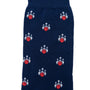 The Ten Pin Socks are a navy blue pair featuring a bold pattern of small red and white rockets.