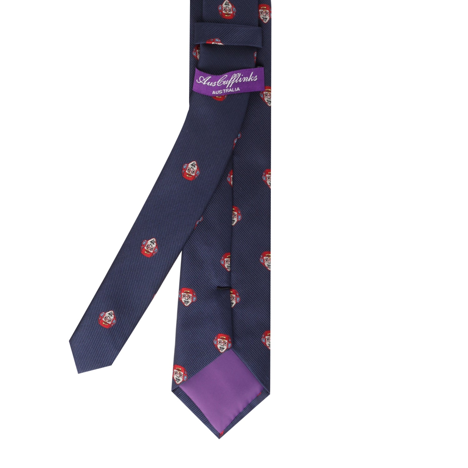 Elevate your style effortlessly with the Gamer Face Skinny Tie in dark blue, adorned with small red and white shield patterns. The tie's purple label and lining add a touch of sophistication, making it an essential fashion accessory.