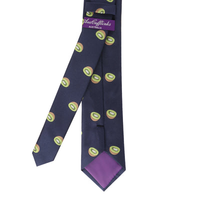 A vibrant Kiwi Skinny Tie with a nature-inspired motif of purple and green design.