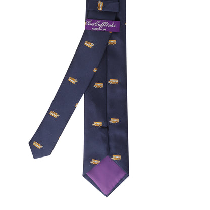 A School Bus Skinny Tie with purple at the tip, adorned with repeated justcuptrophies Australia logo patterns.