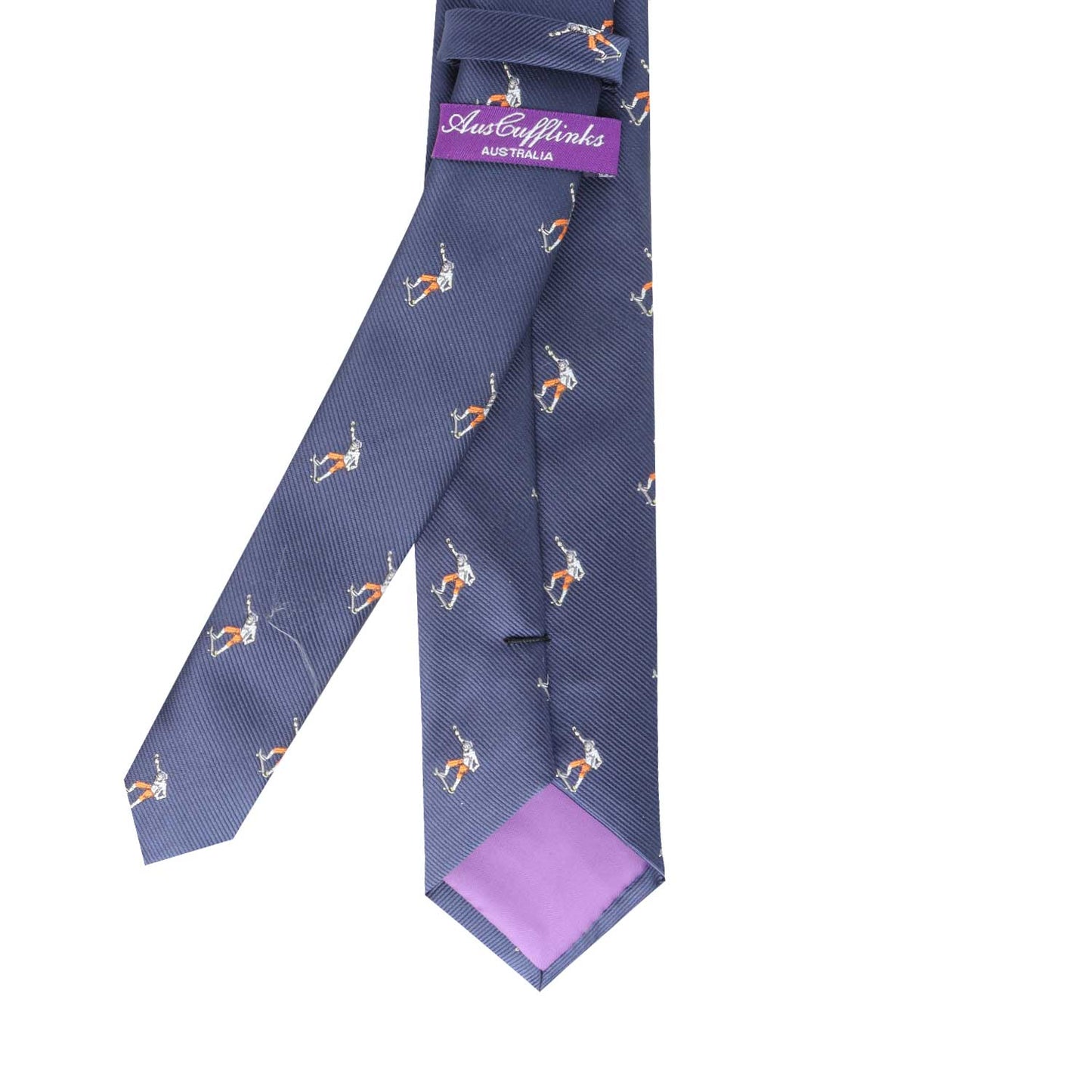 The Skateboarder Skinny Tie, a navy blue accessory adorned with small embroidered kangaroos and featuring a sleek purple label showcasing the "Austen Marks Australia" text in white, is designed to bring confidence and flair to any attire.