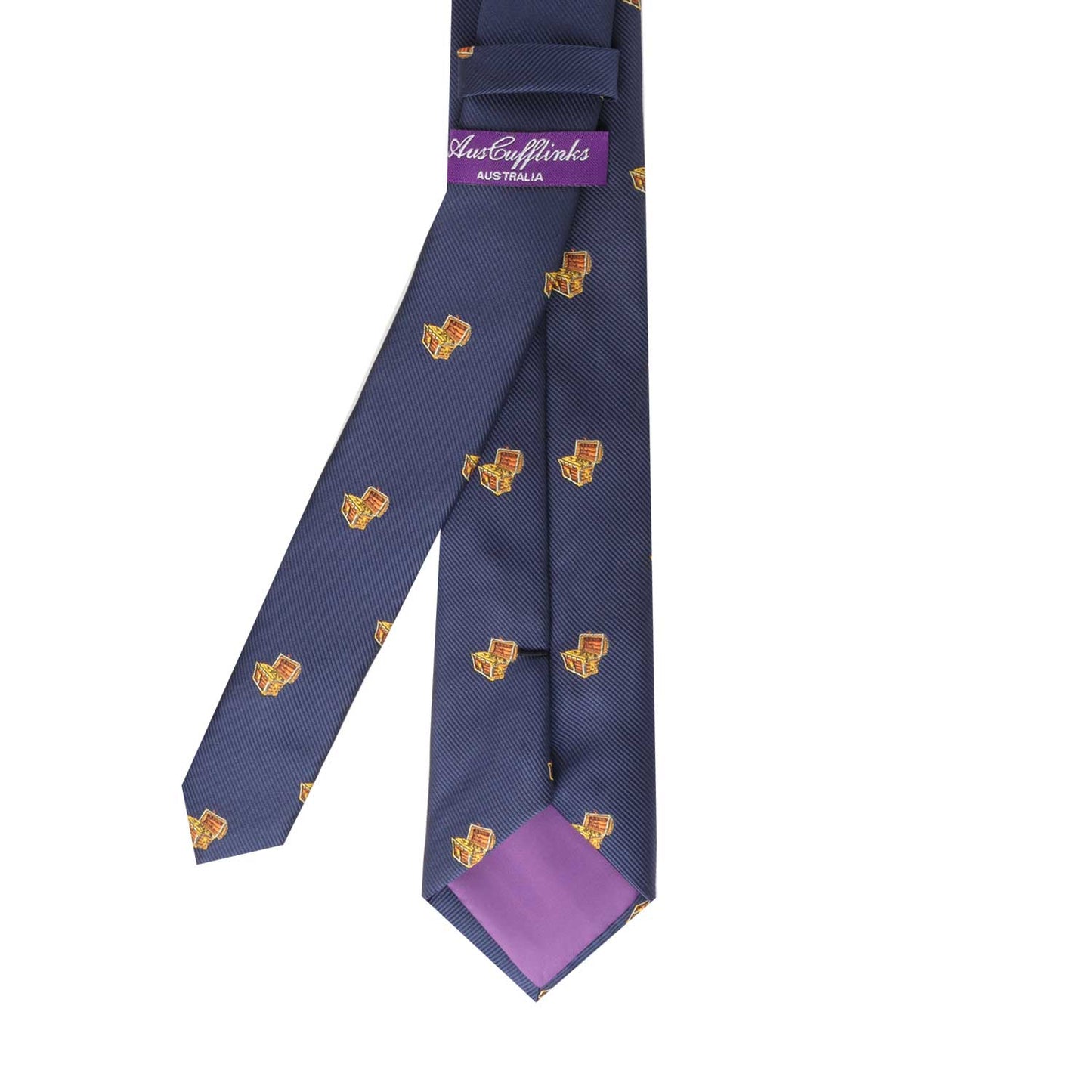 Treasure Chest Skinny Tie with shield emblems and an adventure-themed contrasting purple tail displayed on a white background.