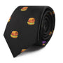 Introducing the Black Tie Burger, a culinary-inspired accessory adorned with a charming pattern of small, colorful hamburger illustrations.