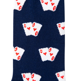 Poker Socks in navy blue, featuring a stylish pattern of white cheese wedges accented with small red hearts.