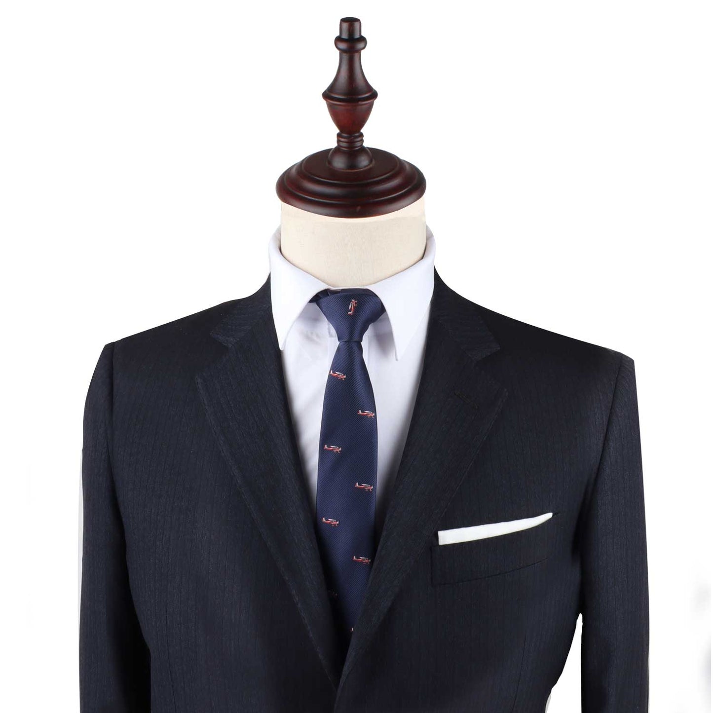 A fashion suit and Airplane Print Tie on a mannequin dummy.