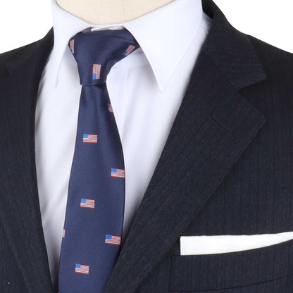 A close-up of a mannequin exuding style, adorned in a dark pinstripe suit and white shirt, featuring the American Flag Skinny Tie that evokes patriotism, complemented by a crisp white pocket square.