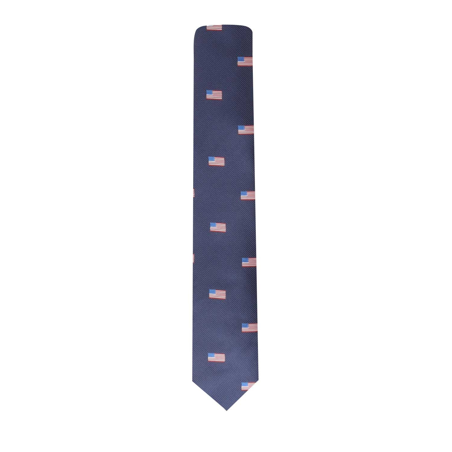 Introducing the American Themed Tie, which features a navy blue hue adorned with numerous small American flag motifs evenly spaced throughout, offering a stylish look infused with patriotic flair.