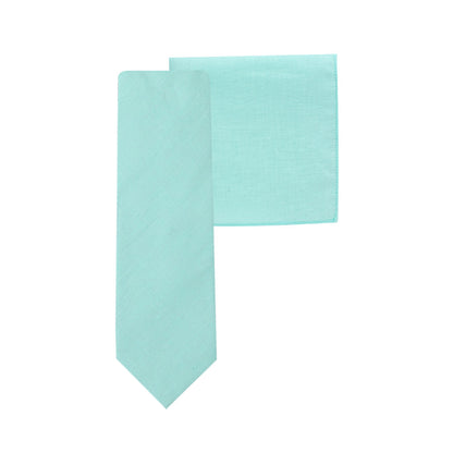 A cool Aqua Skinny Necktie and Pocket Square Set on a white background.
