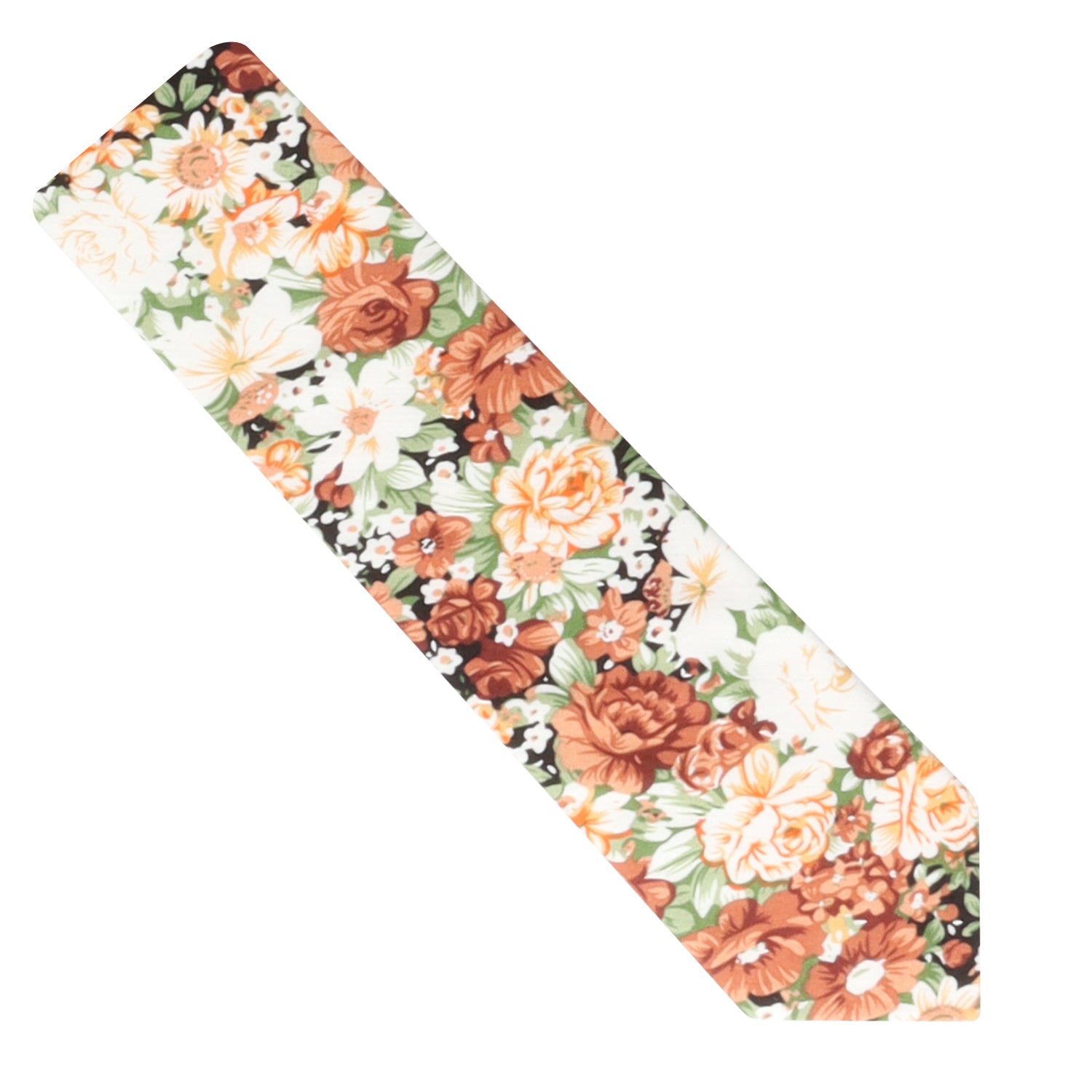 An Artistic Necktie with a dapper design boasting a floral pattern featuring white, orange, and green flowers on an off-white background; truly, nature’s masterpiece.