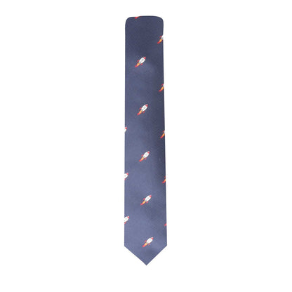 The Astronaut Tie features a sophisticated navy blue design with a repeating pattern of small rocket ships, adding a touch of peak elegance and getting you ready to blast off in style.