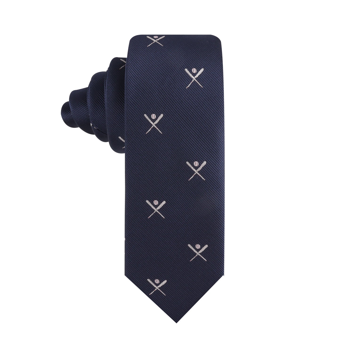 A navy blue skinny tie with a repeating pattern of crossed baseball bats exudes an air of elegance, making it perfect for any occasion.