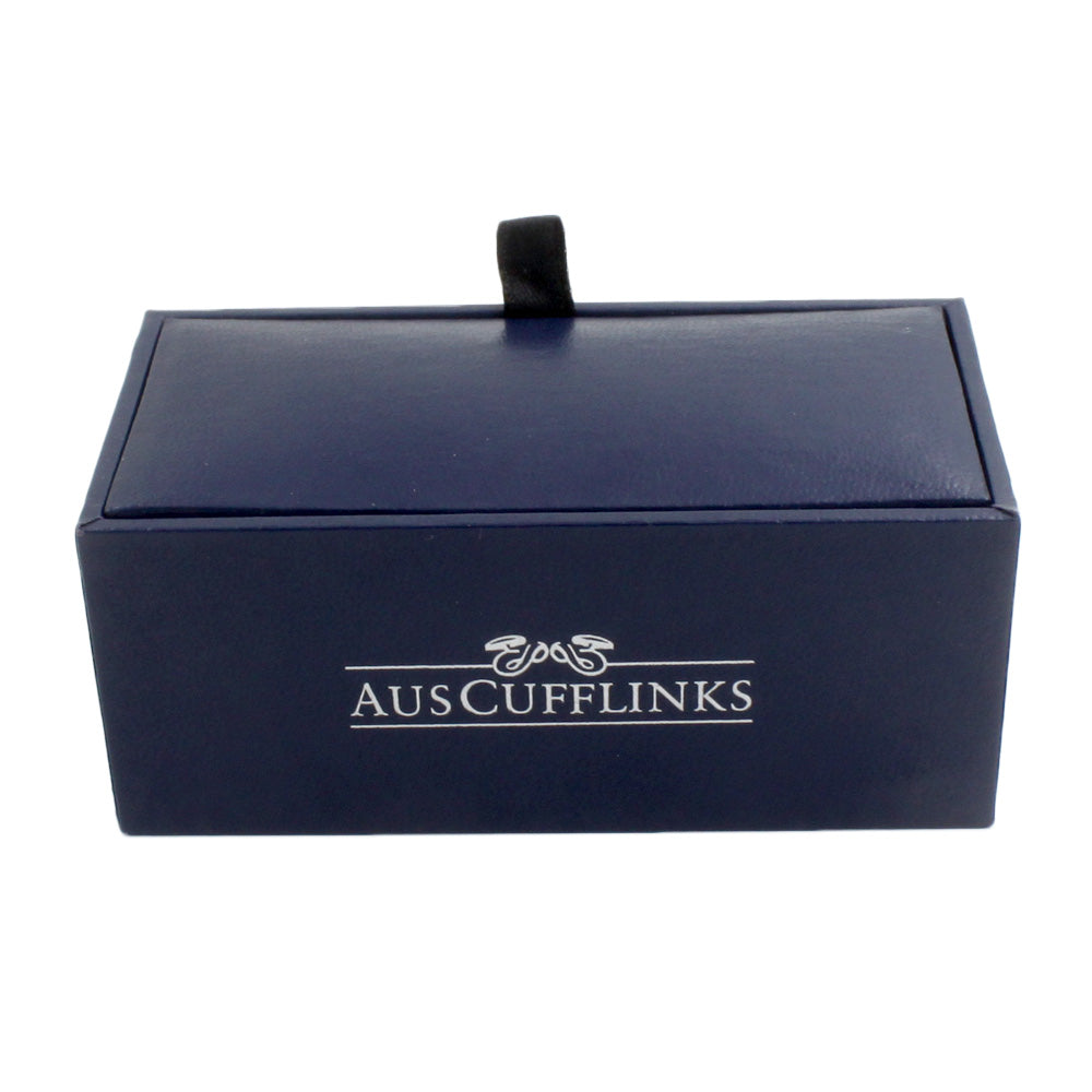 A sleek blue box with the words Carbon Fibre Cufflinks on it.