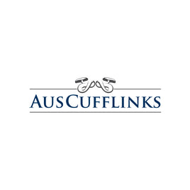 Logo for "AUSCUFFLINKS" with two cufflinks above the brand name, centered on white, accented by two horizontal lines inspired by the Navy White Stripe Tie—ideal for business settings.