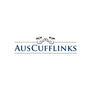 Logo for "AUSCUFFLINKS" with two cufflinks above the brand name, centered on white, accented by two horizontal lines inspired by the Navy White Stripe Tie—ideal for business settings.