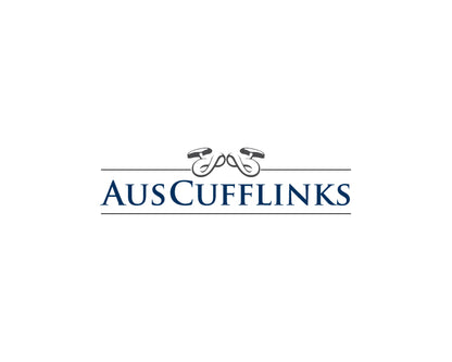 Logo for "AUSCUFFLINKS" with two cufflinks above the brand name, centered on white, accented by two horizontal lines inspired by the Navy White Stripe Tie—ideal for business settings.