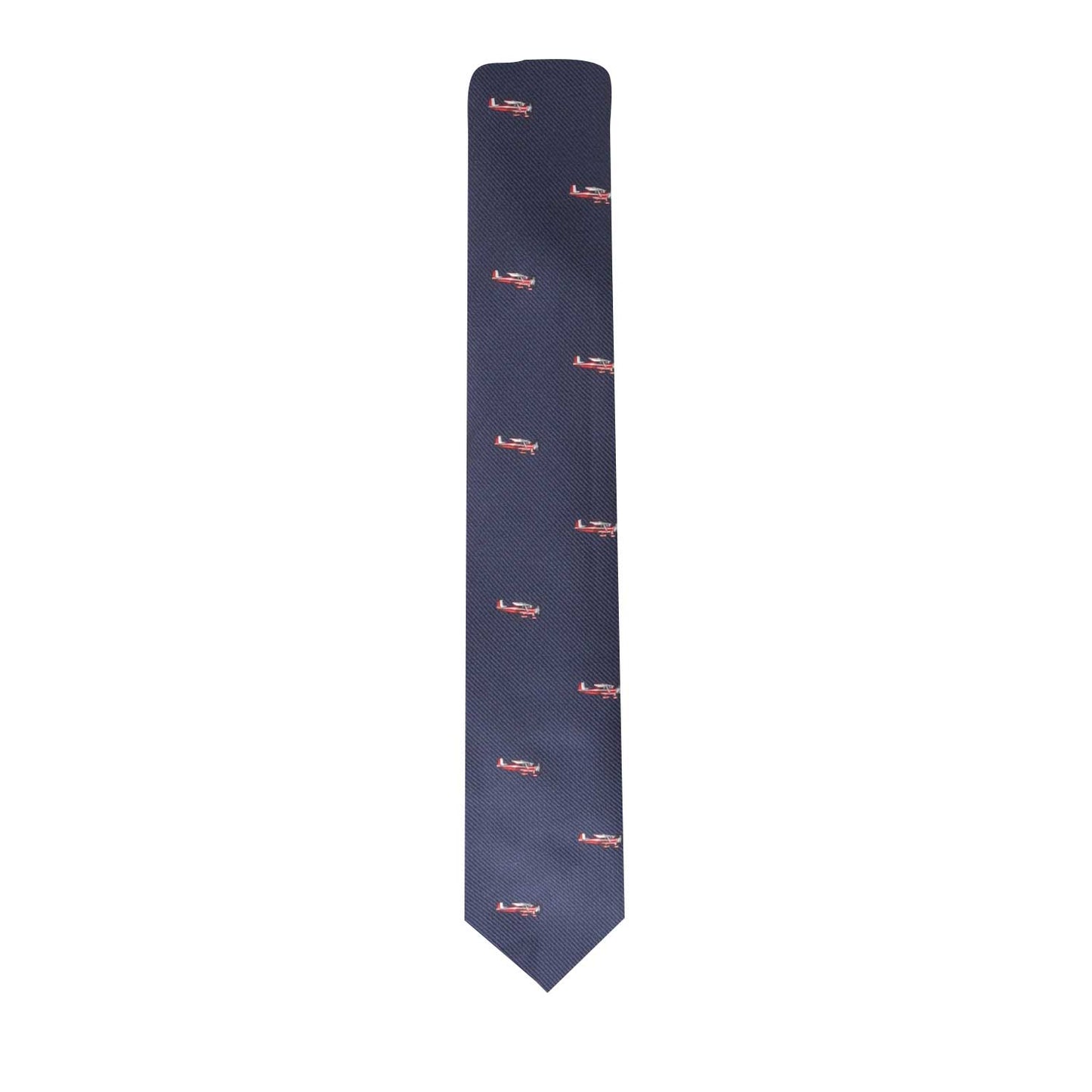 A Aviation Pattern Tie blue tie with a red logo on it.