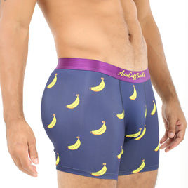 Wearing the Banana Underwear, featuring a playful banana print on dark blue fabric with a purple waistband, this outfit perfectly combines plush comfort and standout style.