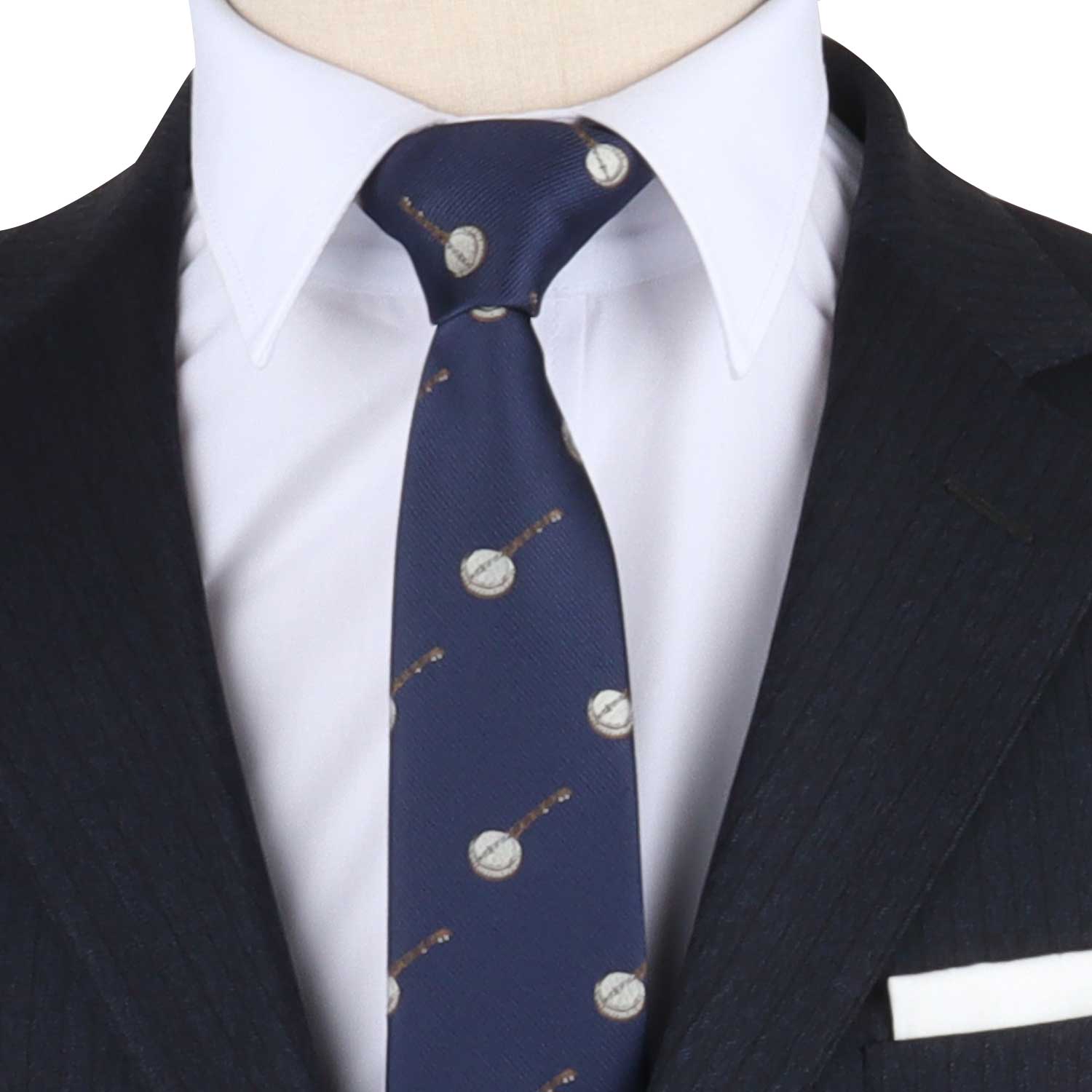 A mannequin wearing a sophisticated Banjo Print Tie suit and tie.