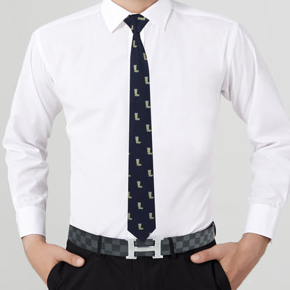 A person in a white dress shirt and dark pants sports the Tequila Skinny Tie and a checkered belt with a letter-shaped buckle, exuding a dapper design.
