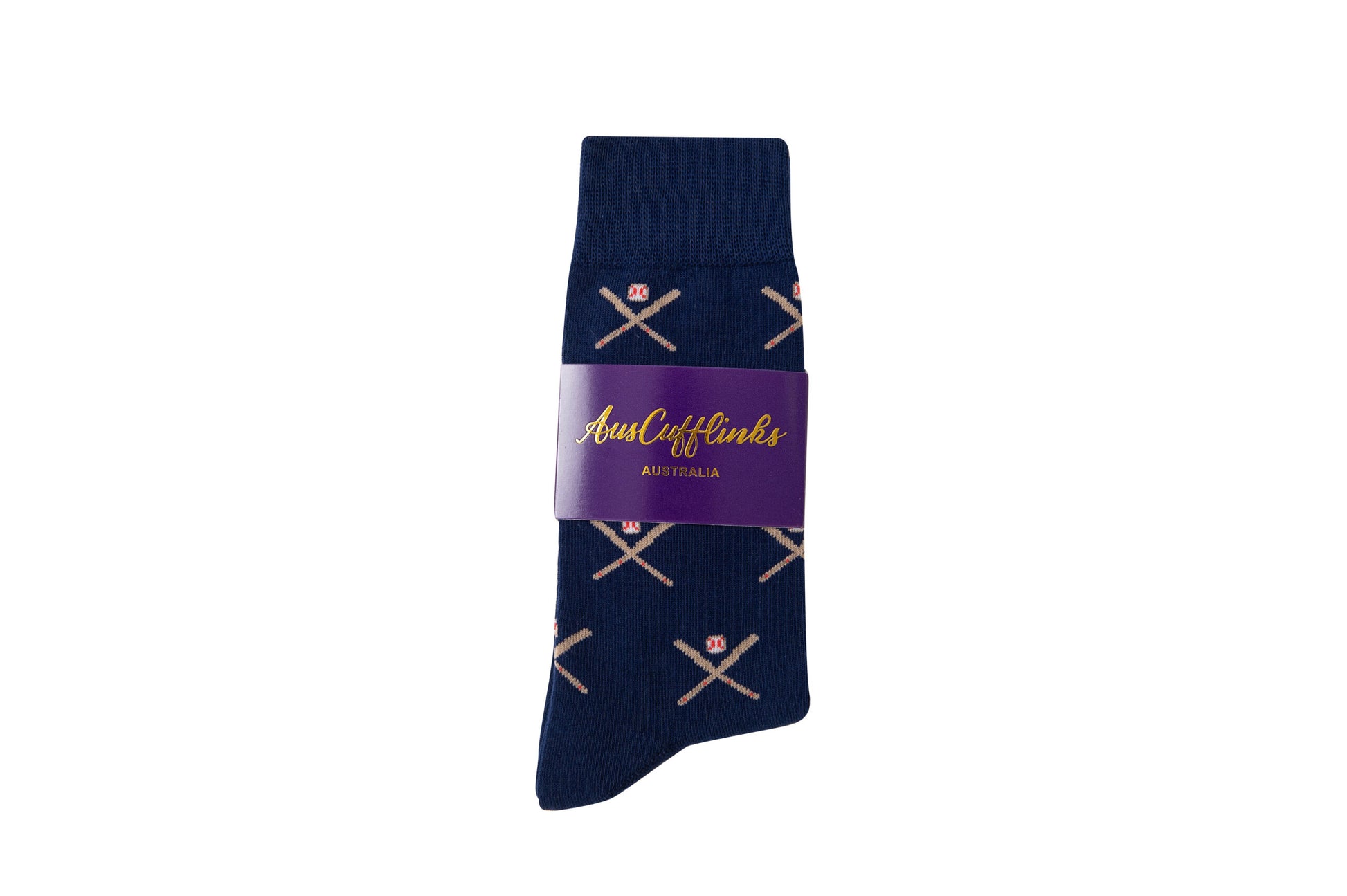 A navy sock with Crossed Baseball Socks pattern.