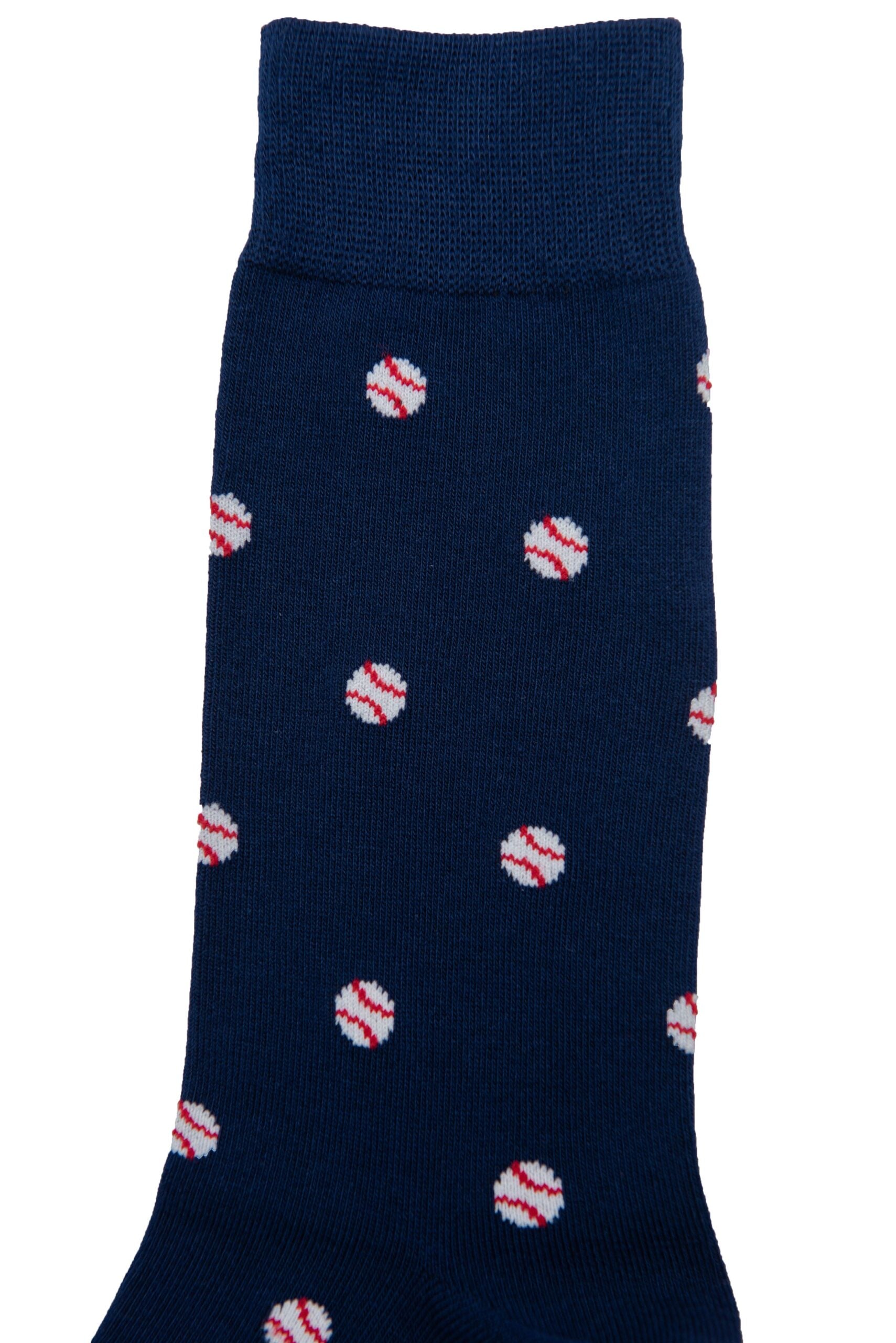 A pair of navy Baseball Socks with baseball balls on them.