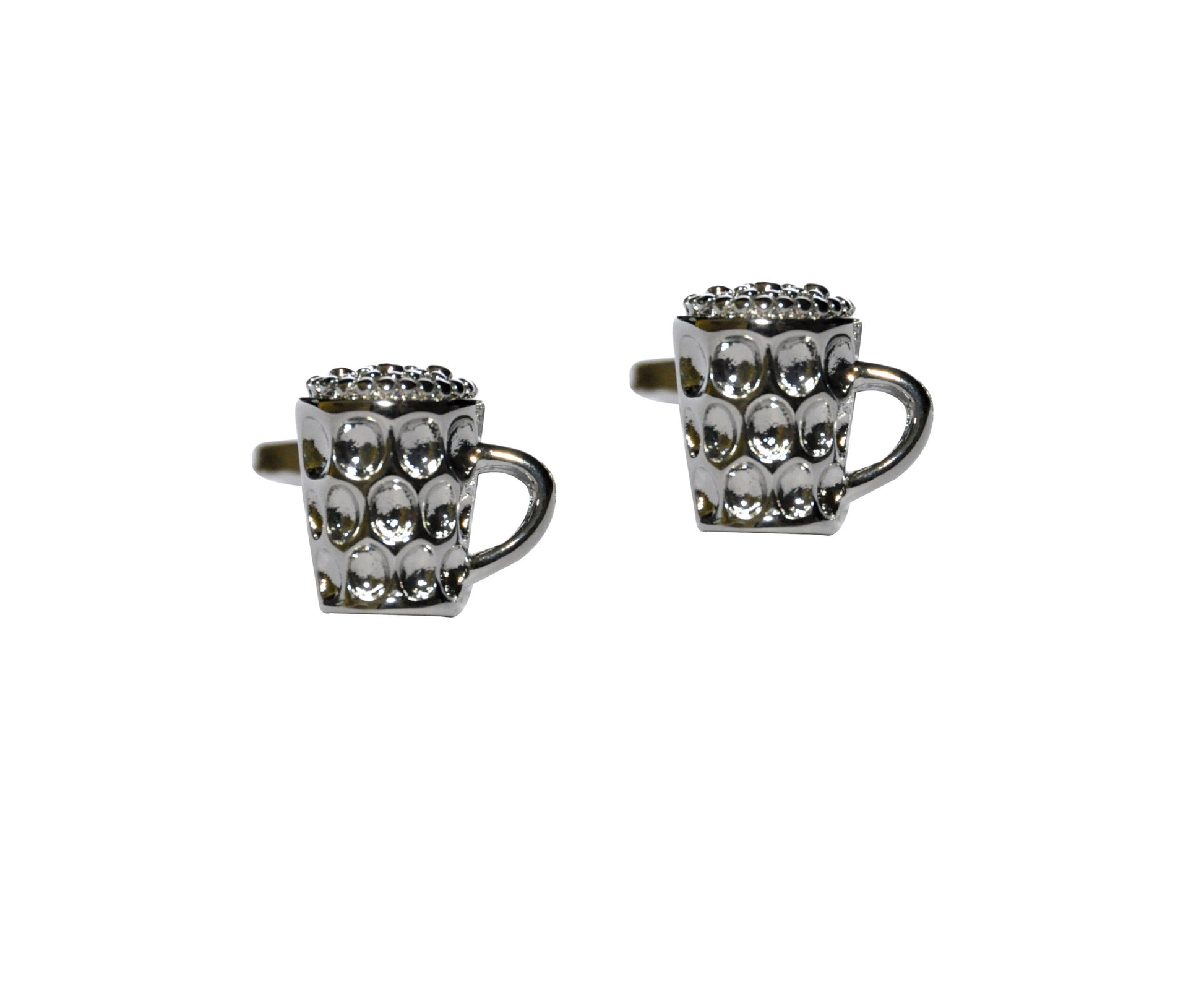 Raise a toast to style with the Beer Mug Cufflinks, featuring a silver-toned design reminiscent of beer mugs, complete with a textured surface and circular accents. Cheers!