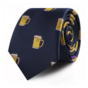 A rolled-up navy blue Beer Skinny Tie with a modern style, featuring a pattern of small beer mug images that evoke a sense of conviviality.