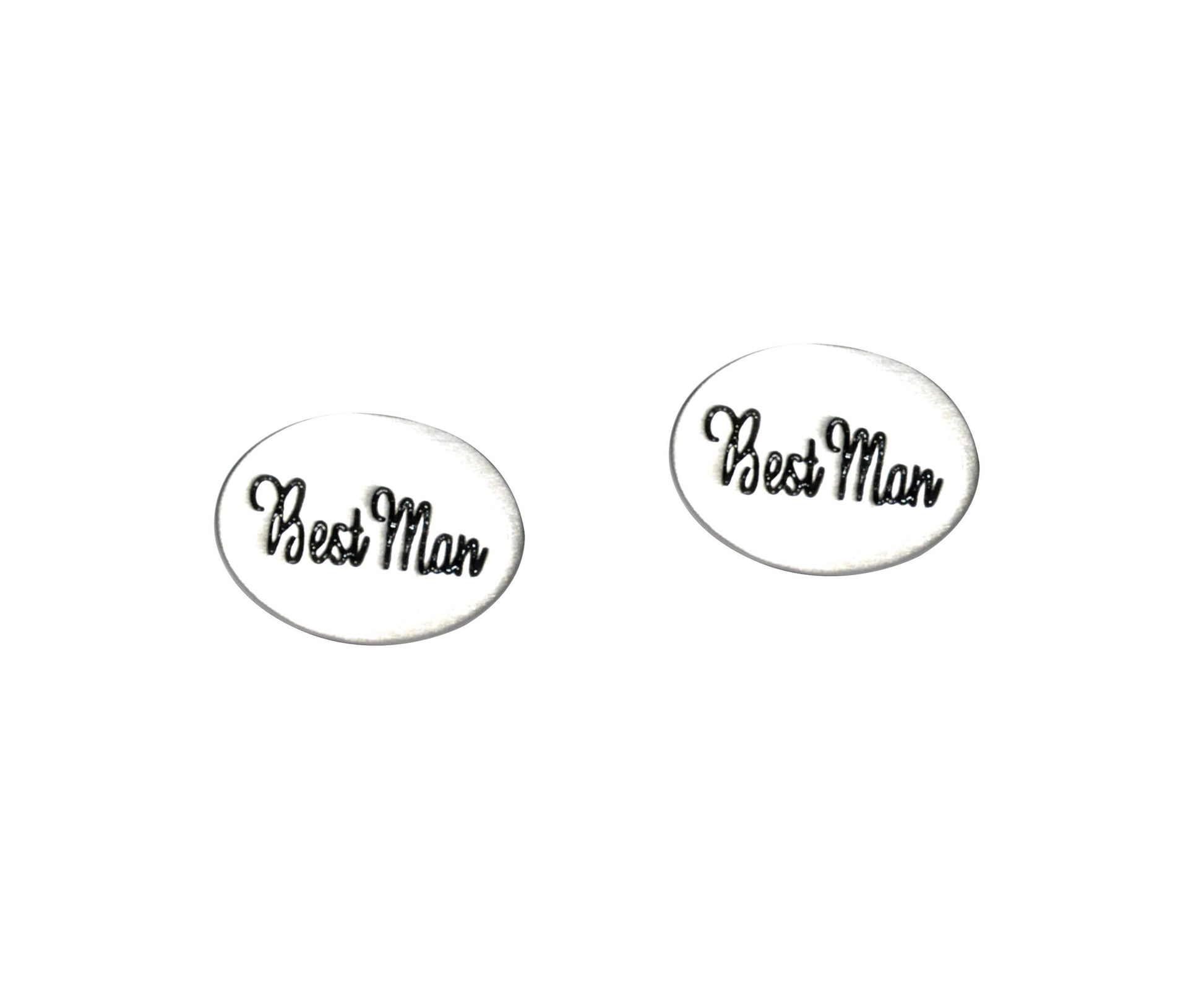 The "Best Man" cufflinks feature two round, white pieces that gracefully showcase the words in black script, honoring the distinguished gentleman of the occasion.