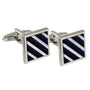 The Black & Blue Cufflinks exude a subtle charm with their square design featuring a diagonal black, blue, and white striped pattern, providing a striking contrast for any attire.