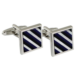 The Black & Blue Cufflinks exude a subtle charm with their square design featuring a diagonal black, blue, and white striped pattern, providing a striking contrast for any attire.