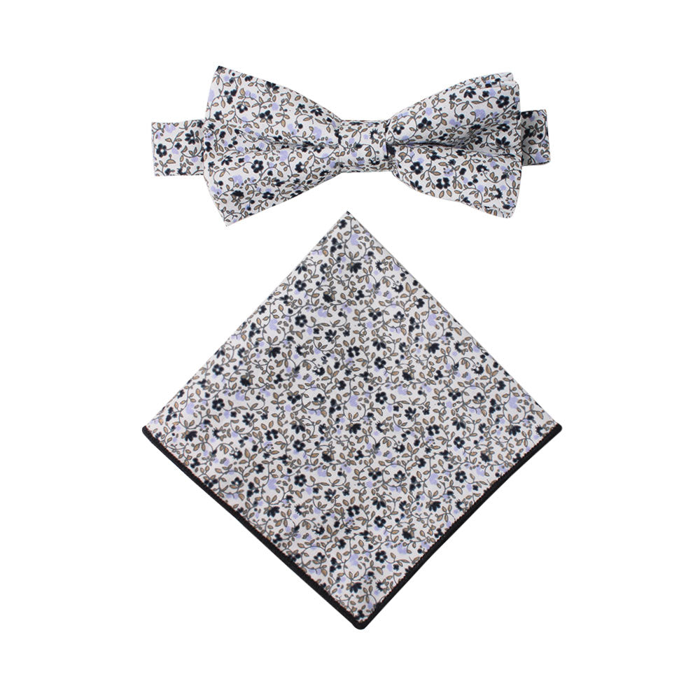 Black Print Floral Cotton Bow Tie & Pocket Square Set