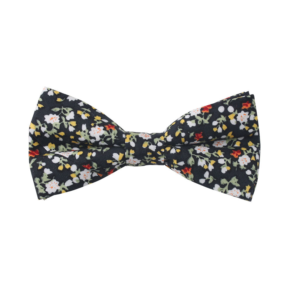 A Black Red Yellow Multi Floral Cotton Bow Tie & Pocket Square with floral designs.