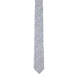 A Black Light Blue Floral Skinny Cotton Tie with bold contrasts of blue and white flowers on it.