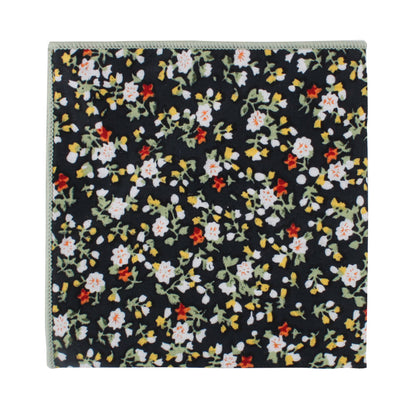 A Black Red Yellow Multi Floral Cotton Bow Tie & Pocket Square with seasonal contrasts of red and yellow flowers.