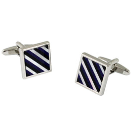 The Black & Blue Cufflinks exude charm with their diagonal black and white striped square faces, creating a striking contrast against a white background.