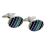 A pair of Blue & Green Cufflinks, oval-shaped with blue, green, and black striped designs, showcasing Nature's palette in a polished finish.