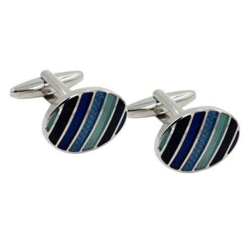 A pair of Blue & Green Cufflinks, oval-shaped with blue, green, and black striped designs, showcasing Nature's palette in a polished finish.