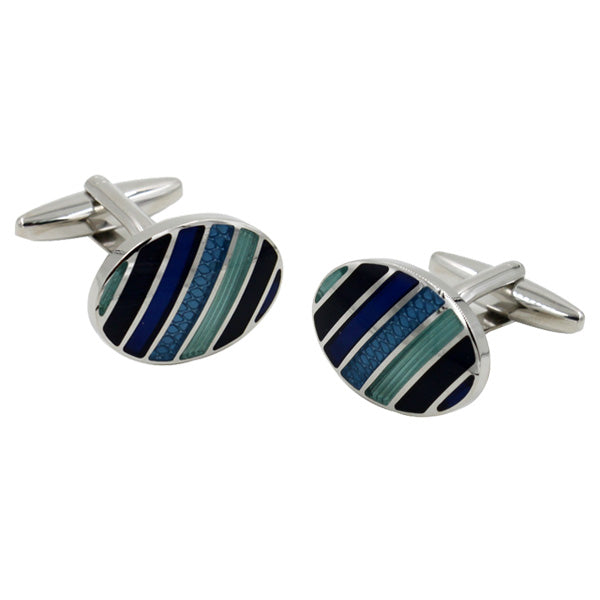 A pair of Blue & Green Cufflinks featuring oval shapes with silver borders, a polished finish, and a striped pattern in shades of blue, green, and black that capture Nature's palette.