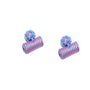 The Blue & Pink Barrel Cufflinks, featuring striped, cylindrical designs with knotted tops, rest on a white background, showcasing a harmonious blend of hues for an elegant finish.