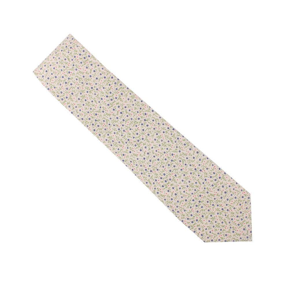 A refined, light-toned tie adorned with a delicate floral pattern featuring multicolored forget-me-nots intertwined with subtle shades of blue.