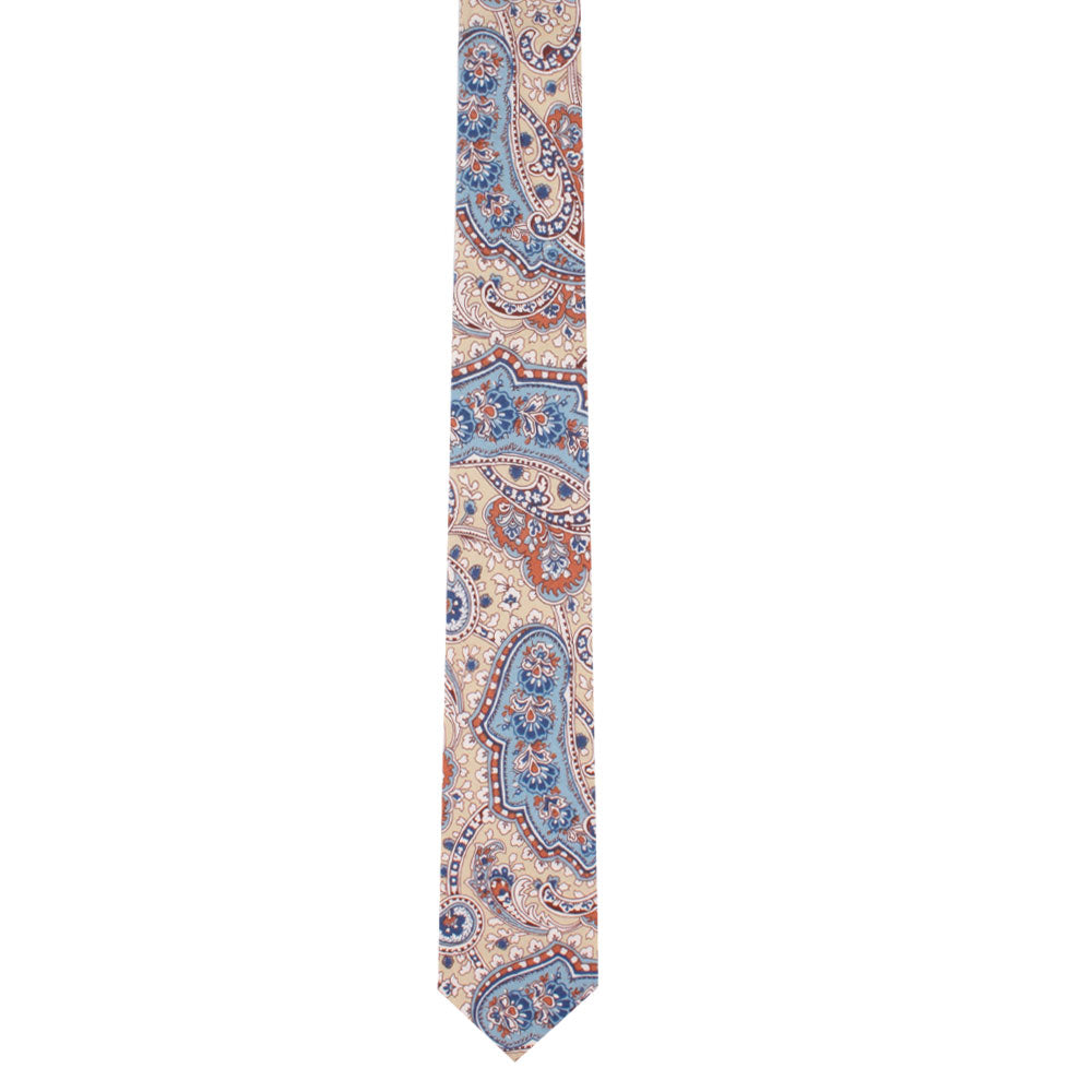 The Blue Latte Brown Paisley Skinny Necktie offers an enchanting charm with its intricate blue and red paisley design set against a beige background.