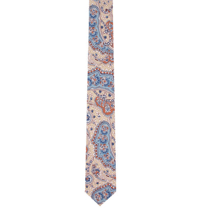 The Blue Latte Brown Paisley Skinny Necktie offers an enchanting charm with its intricate blue and red paisley design set against a beige background.