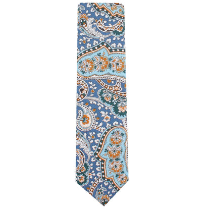 A Blue Paisley Skinny Tie adorned with a dynamic wave-like design showcasing orange, white, and light blue patterns.